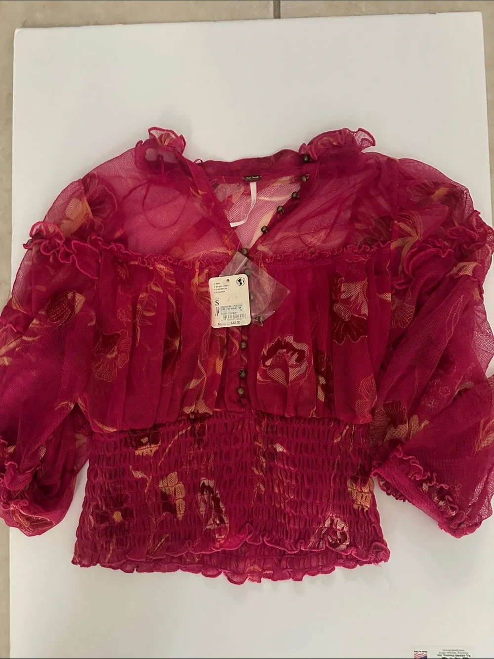 Free People Fuchsia Pink Sheer Ruffle Floral Blouse